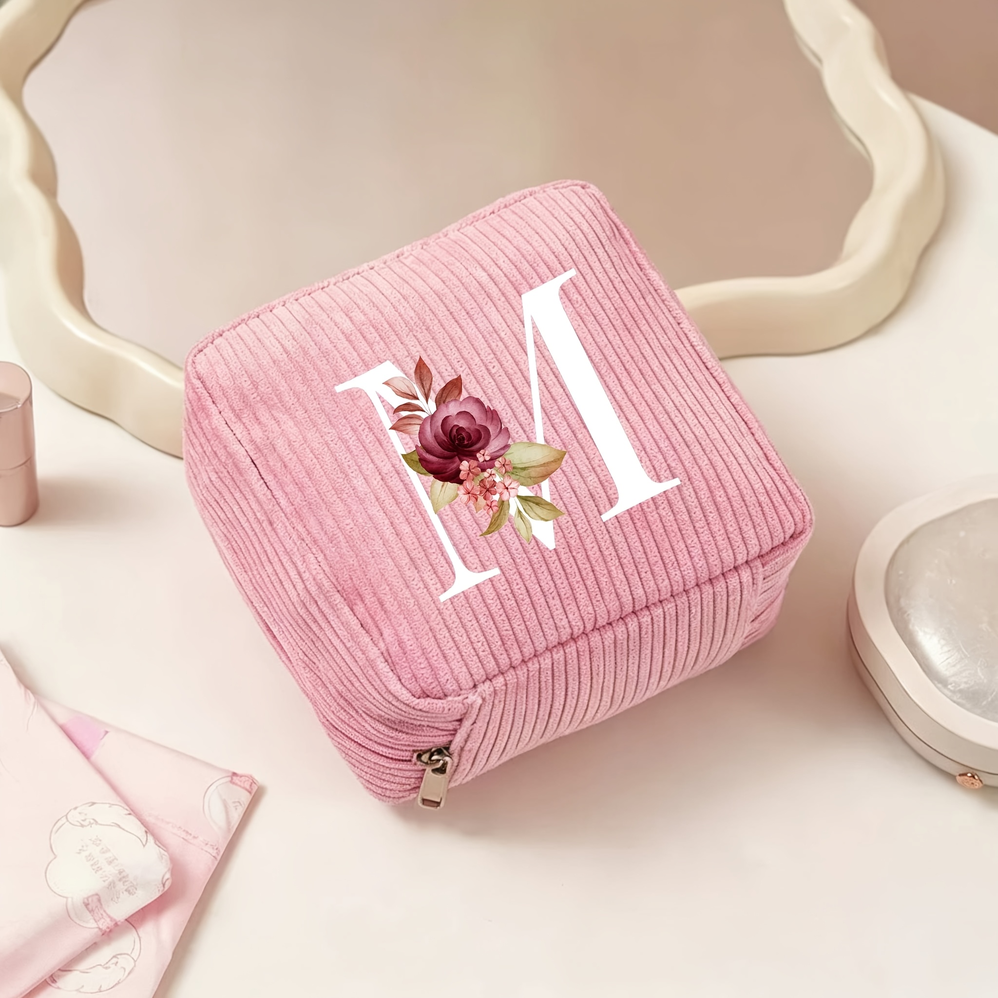 TEMU 1pc Letter A-z Rose Floral Pattern Sanitary Pad Storage Bag Large Capacity Portable Makeup Bag ' Swab Organizer Women' Purse Makeup Bag Holiday