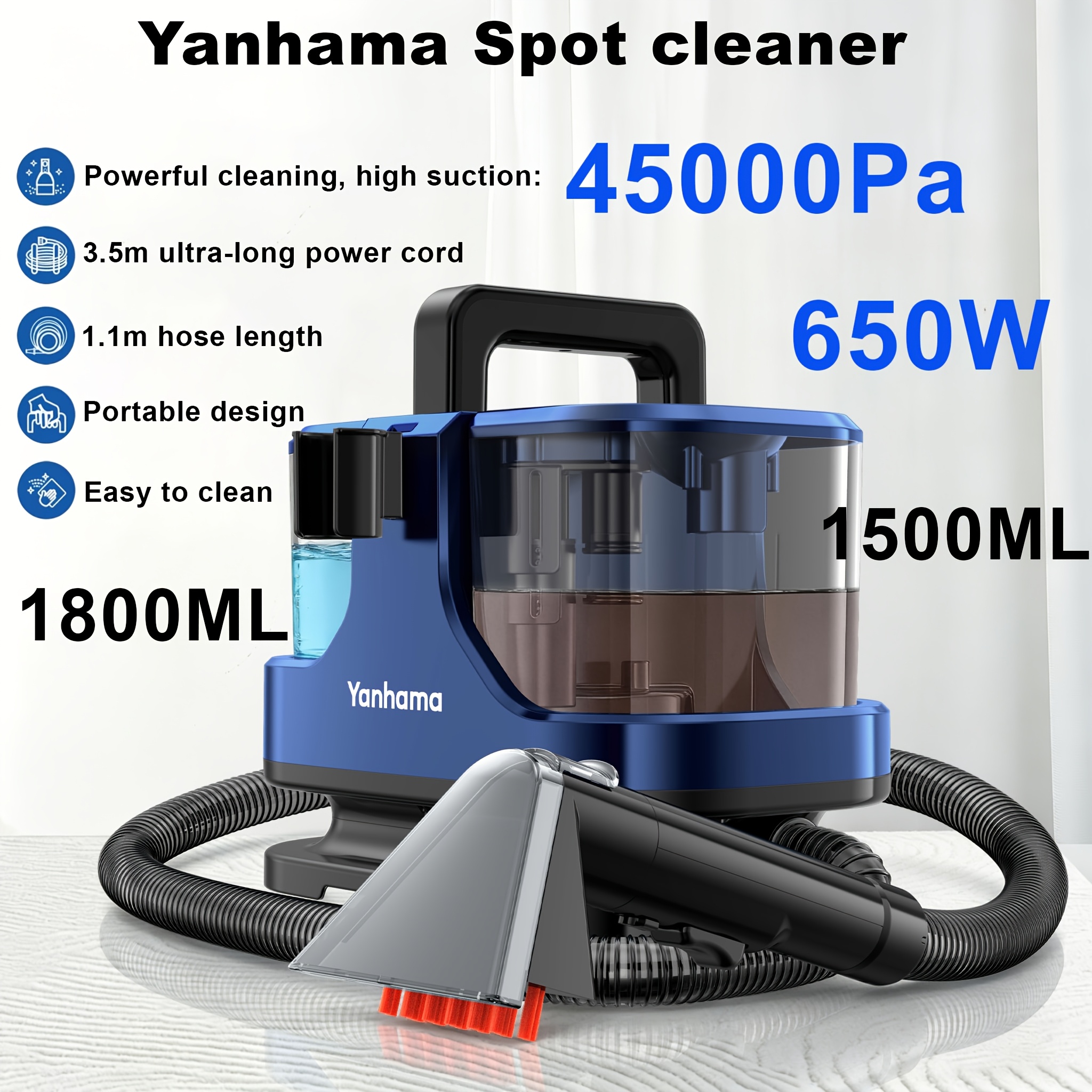 TEMU Yanhama Macchina per la pulizia dei tessuti ad potenza 650W, aspirazione potente 45000Pa, macchina integrata a spruzzo e aspirazione, design a