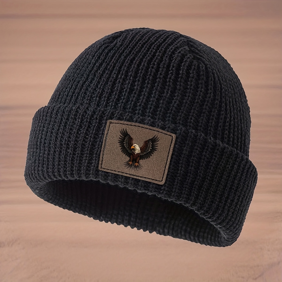 TEMU A Stylish Knitted Beanie With An Eagle Emblem, Unisex Brimless Hat, Street Hip-hop Cap, Trendy Cold-weather Hat, Warm Pullover Hat,