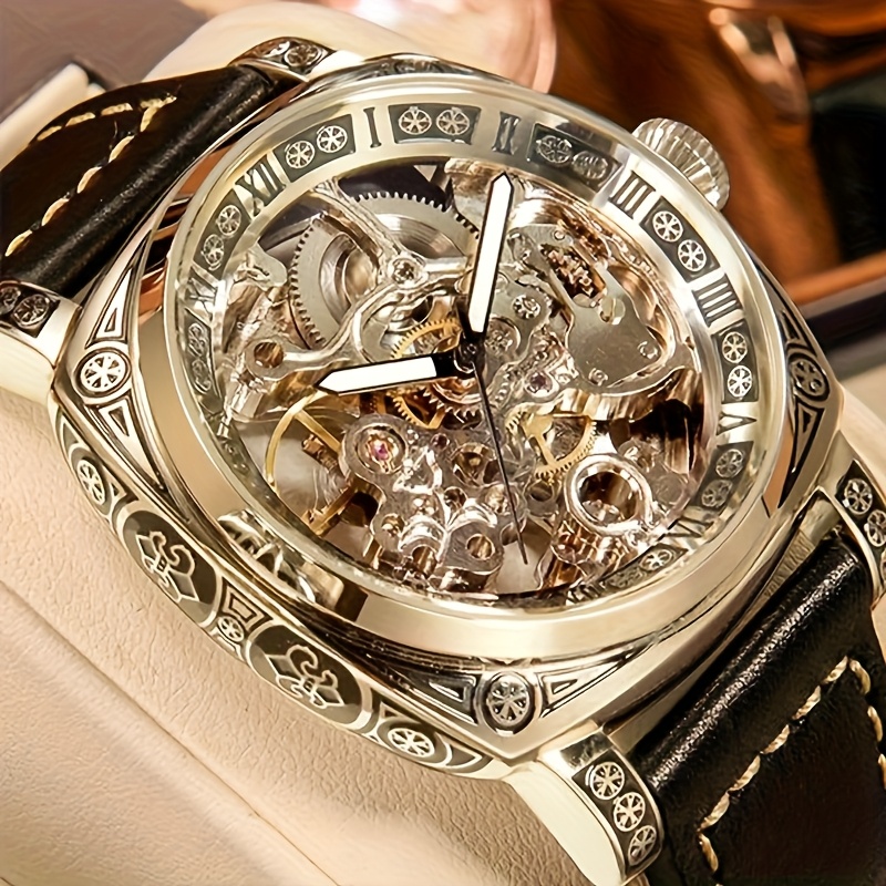 1pc de montre mécanique rétro pour jeunes hommes, avec une ceinture en PU jaune et noire et un tourbillon creux sculpté noble, sans pile