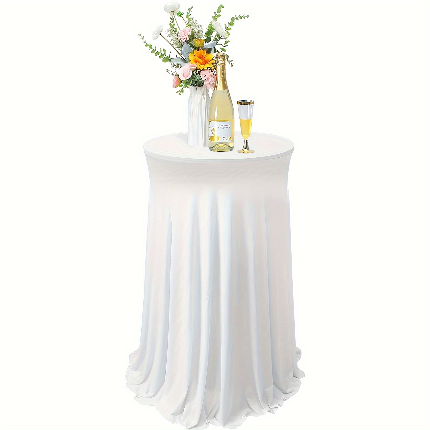 Image of 24 Inch Round Spandex Cocktail Tablecloths With Skirt, White Cocktail Table Cover With Natural Wavy, Fitted High Top Table For Bar Party Banquet Wedding Birthday Table.