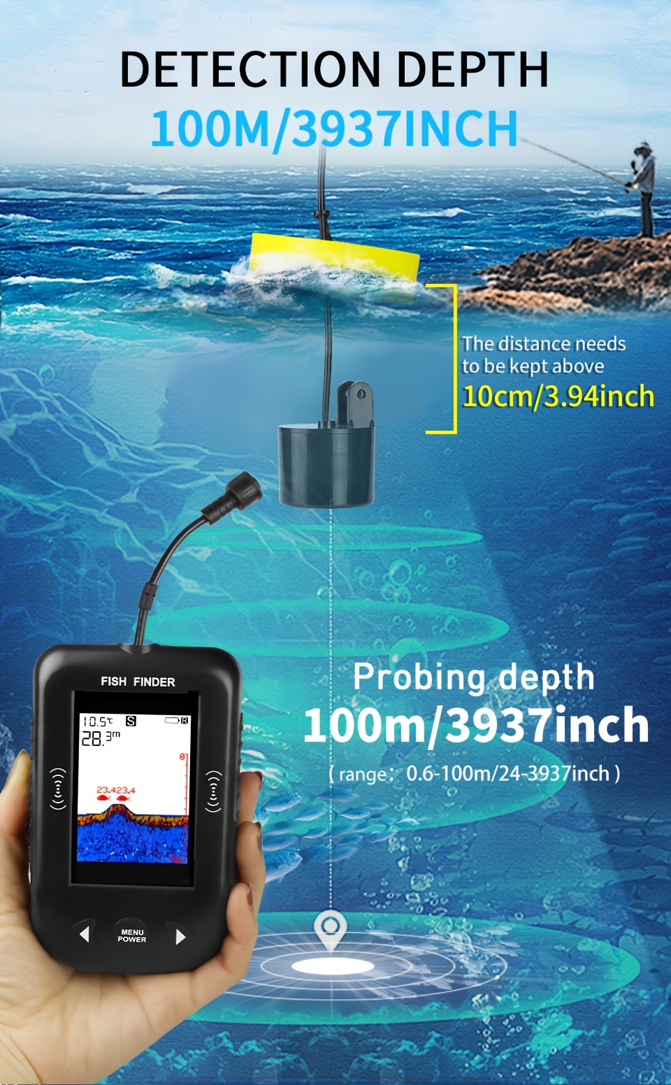 Xf03 100m Portable Fish Finder 45 Degrees Sonar Coverage Fishing Sonar  Sounder Alarm Transducer Fishfinder Fishing Echo Sounder - Sports &  Outdoors - Temu