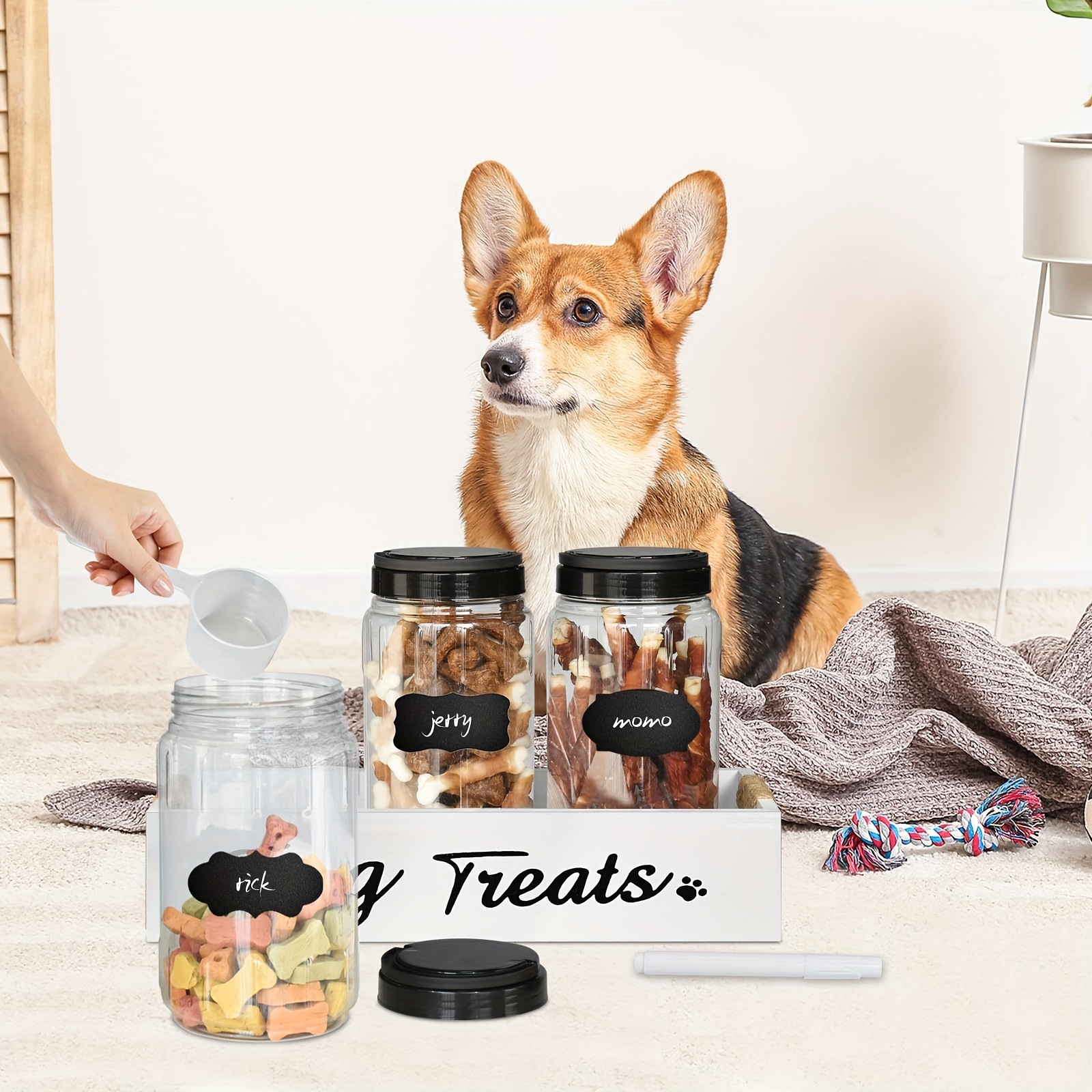 

Dog Food Storage Container With 3 Plastic Cat Dog Treat Jars, Farmhouse Cat Food Container, Pet Food Storage Containers For Dog And Cat