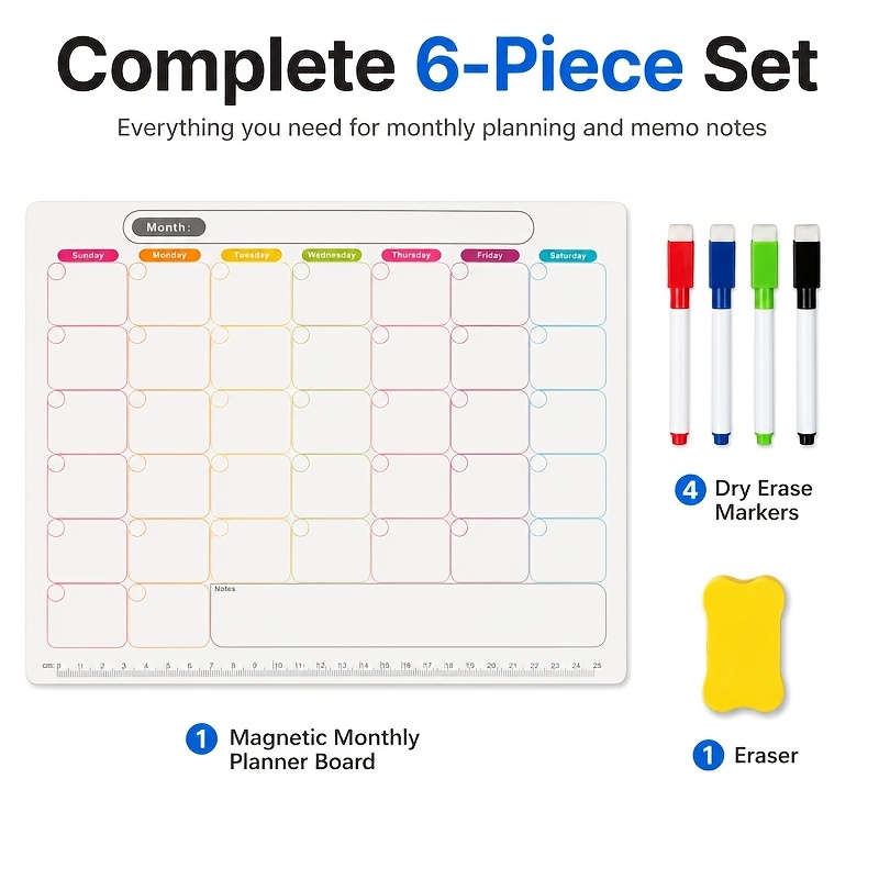 TEMU 6pcs/includes 1 Magnetic Color Calendar+4 Marker Pens+1 Eraser, Reusable, Magnetic Suction/suitable For Metal Doors/refrigerator Doors/for