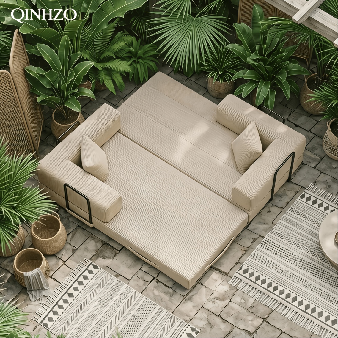[Modular Sofa Bed] 107.8 Inch Corduroy Modular Sofa Bed - Convertible King Bed Suitable for Patio, Balcony & Beach House, No Assembly Required Outdoor Couch with Foam Frame, High-Density Foam Cushioning, Luxury for -Weather Living Room Furniture