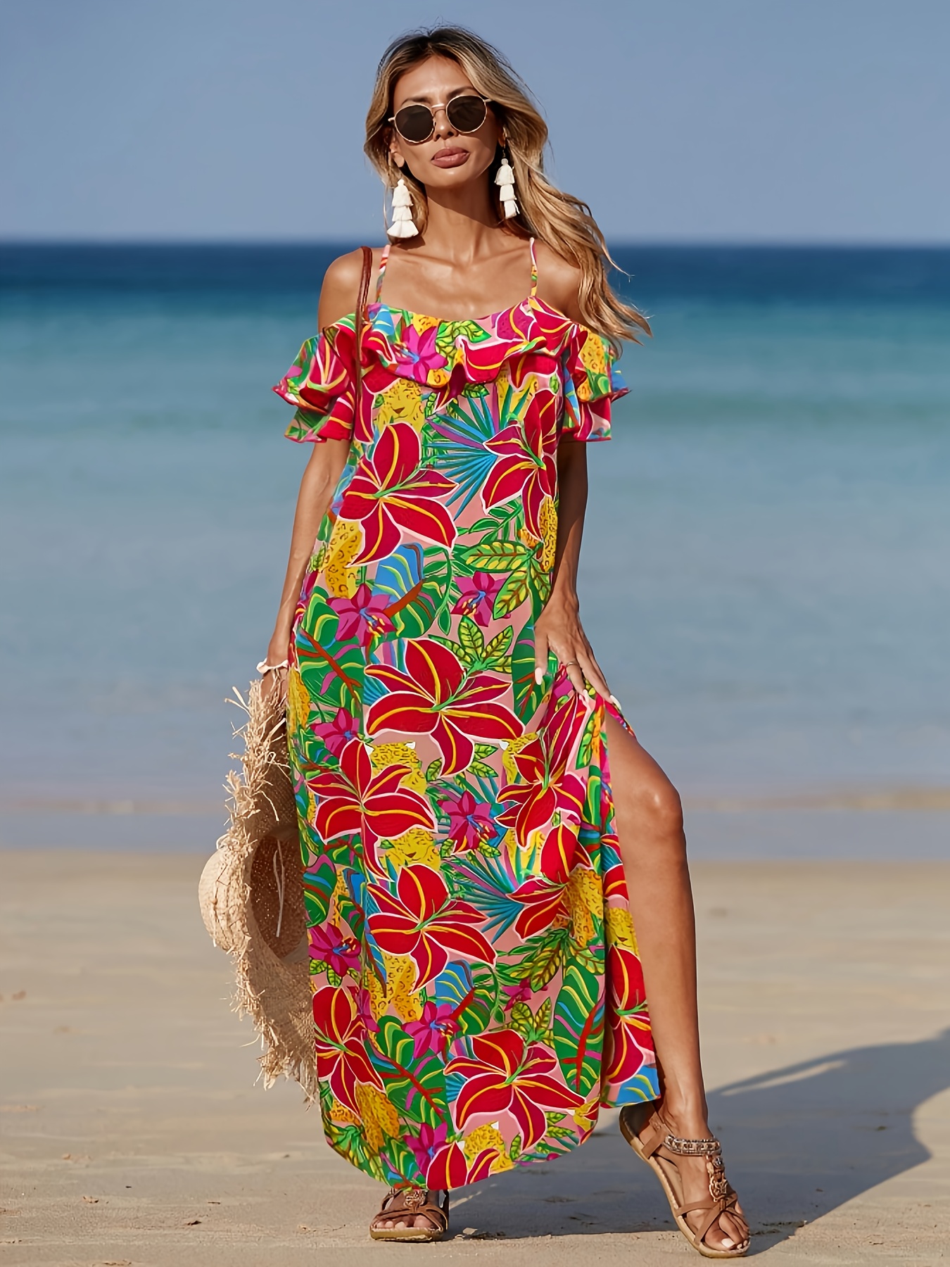 womens shoulder floral maxi dress vibrant tropical Temu Germany