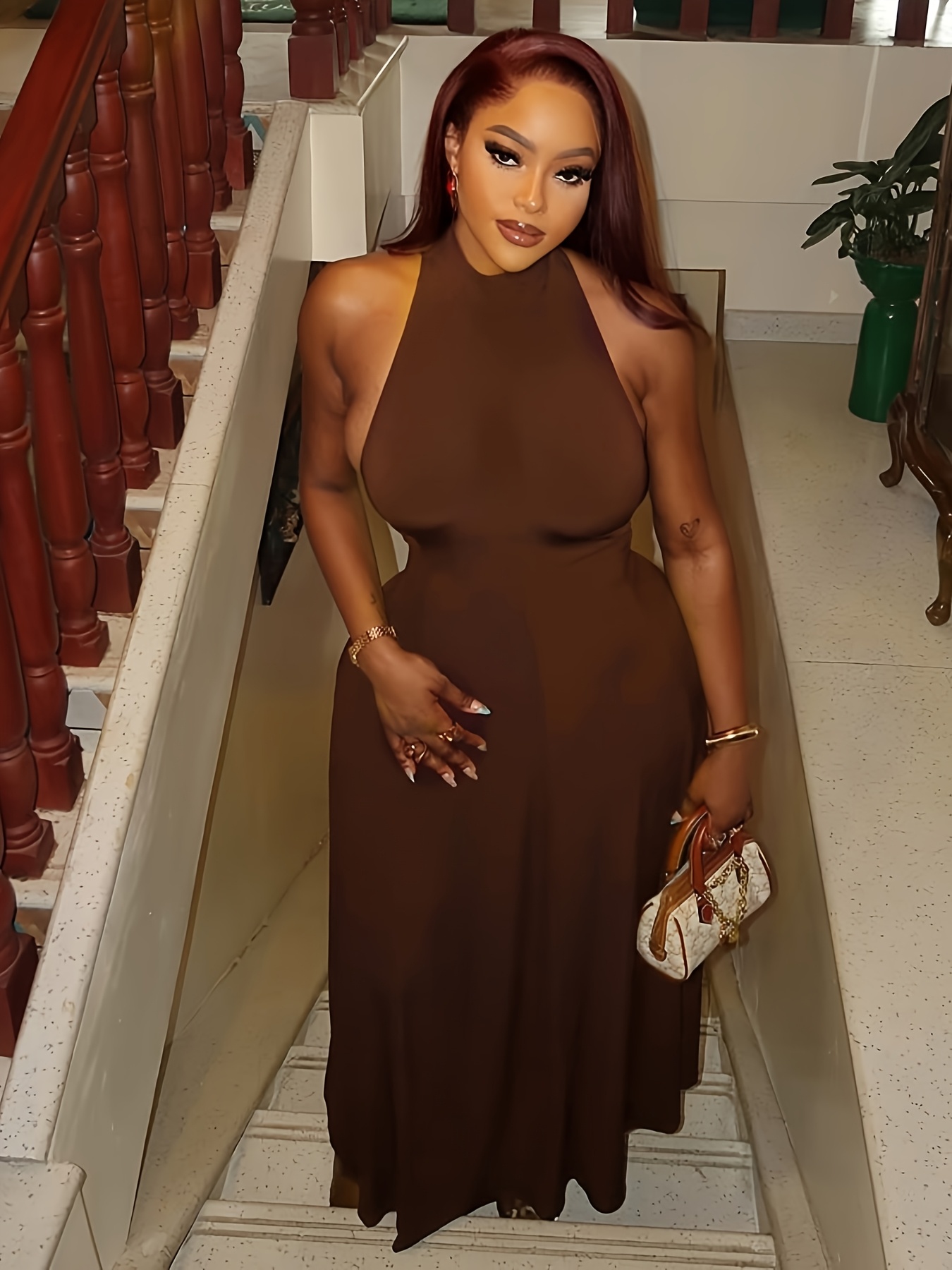 chinese dress ladies Allegra K Women's Faux Suede Round Neck Pockets Long Sleeve A-Line Dress  X-Small Brown at Amazon Women's Clothing store main image 0
