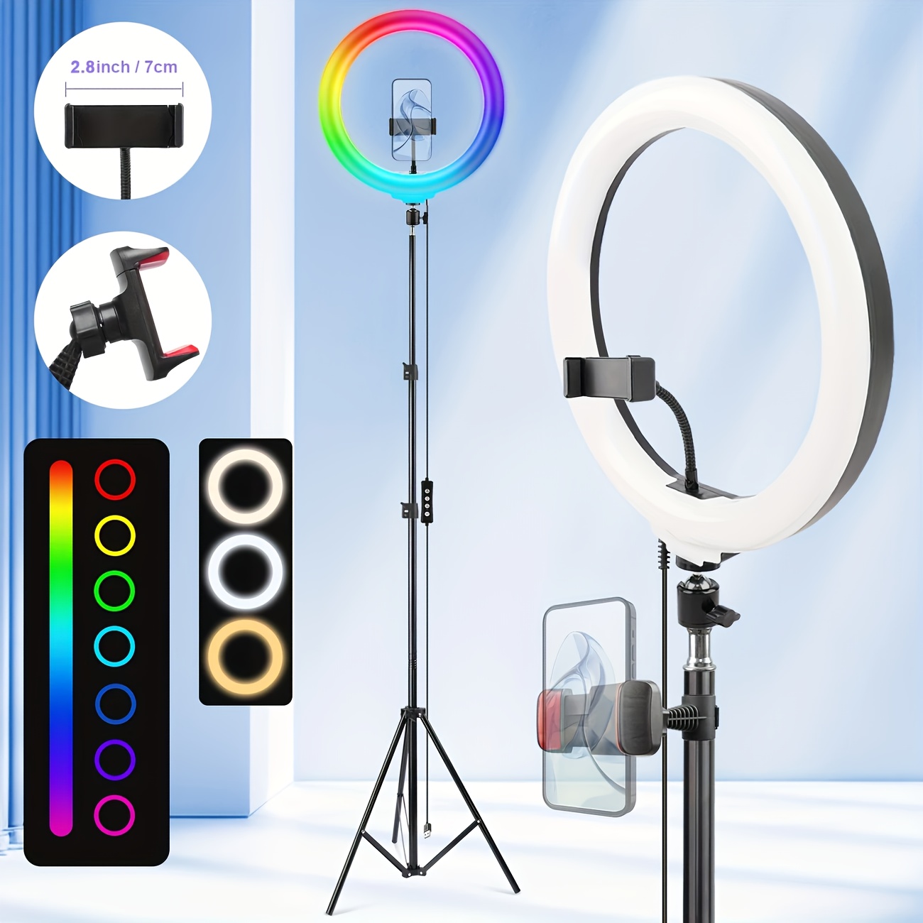 TEMU UEGOGO Bande Lumineuse Selfie RGB 12 pouces avec Support Téléphone et Trépied 43 pouces - Lumière LED Multicolore Alimentée par USB, Mode Idéal