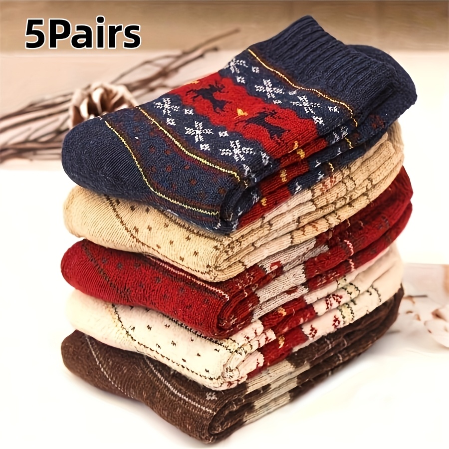 Random 5/10 Pairs, Reindeer Print Thick Socks, Comfortable Warm Christmas Mid-calf Socks, Women's Socks