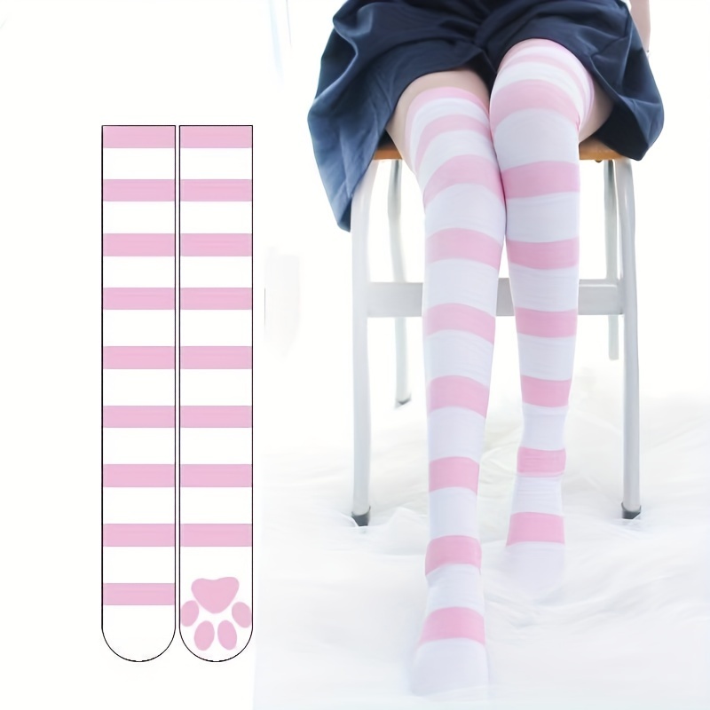 E-shop 1/3 Paar Kratzfeste Über-Knie-Socken mit Katzenmotiv, niedliche süße gestreifte Strümpfe im Lolita-Stil mit Katzenpfoten-Aufdruck, lange