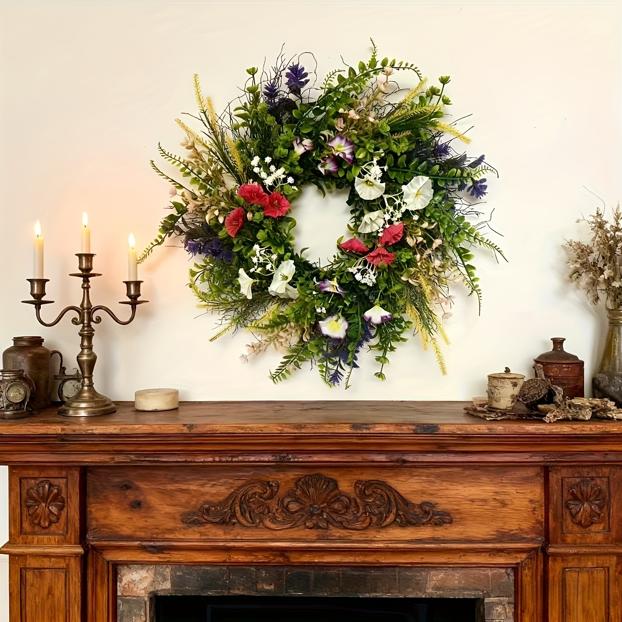 Image of 1pc, Spring Front Door Wreath, Artificial Garland, Suitable For Front Door Spring Summer Artificial Wreath, For Fireplace Wall Window Farmhouse Home Outdoor Indoor Decor