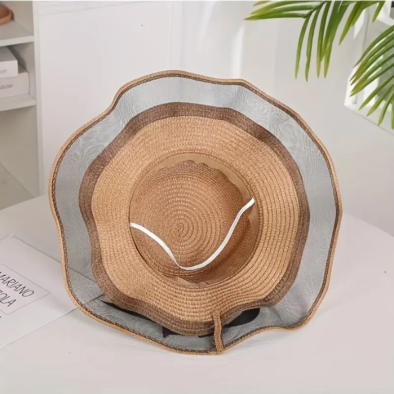 elegant wide brim sun hat with bowknot uv protection breathable straw beach cap for for outdoor leisure details 3