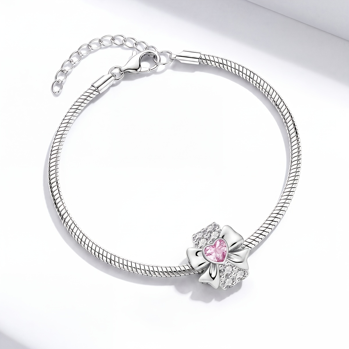 Women's 925 Silver Plated Heart Bow DIY Pendant Charm Bracelet
