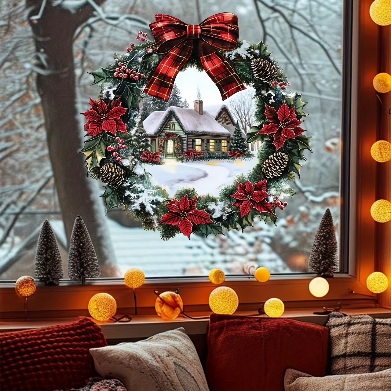 christmas wreath   window cling self   holiday decor for living room glass christmas home decor details 0