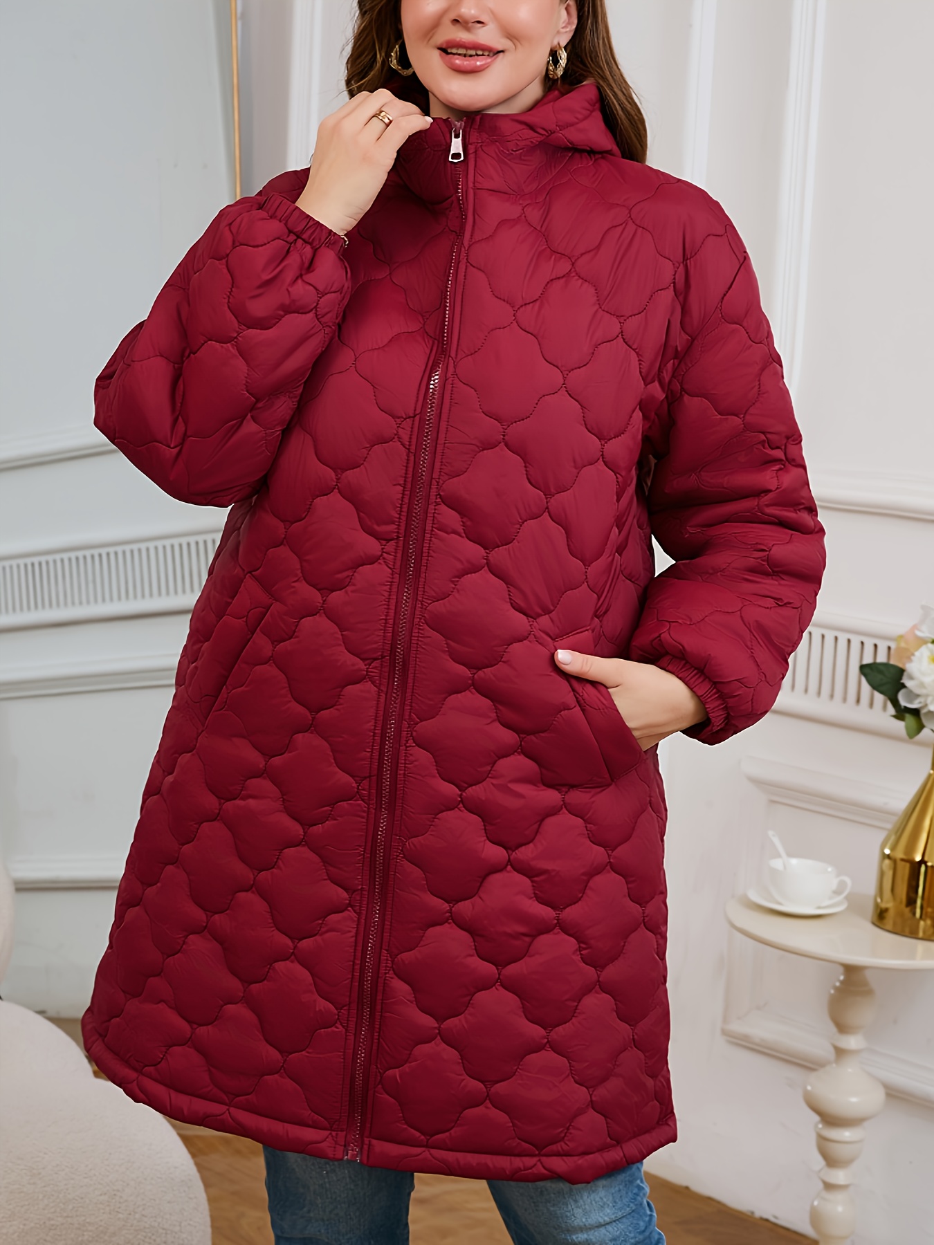 plus size elegant quilted square flower zip hooded coat Temu
