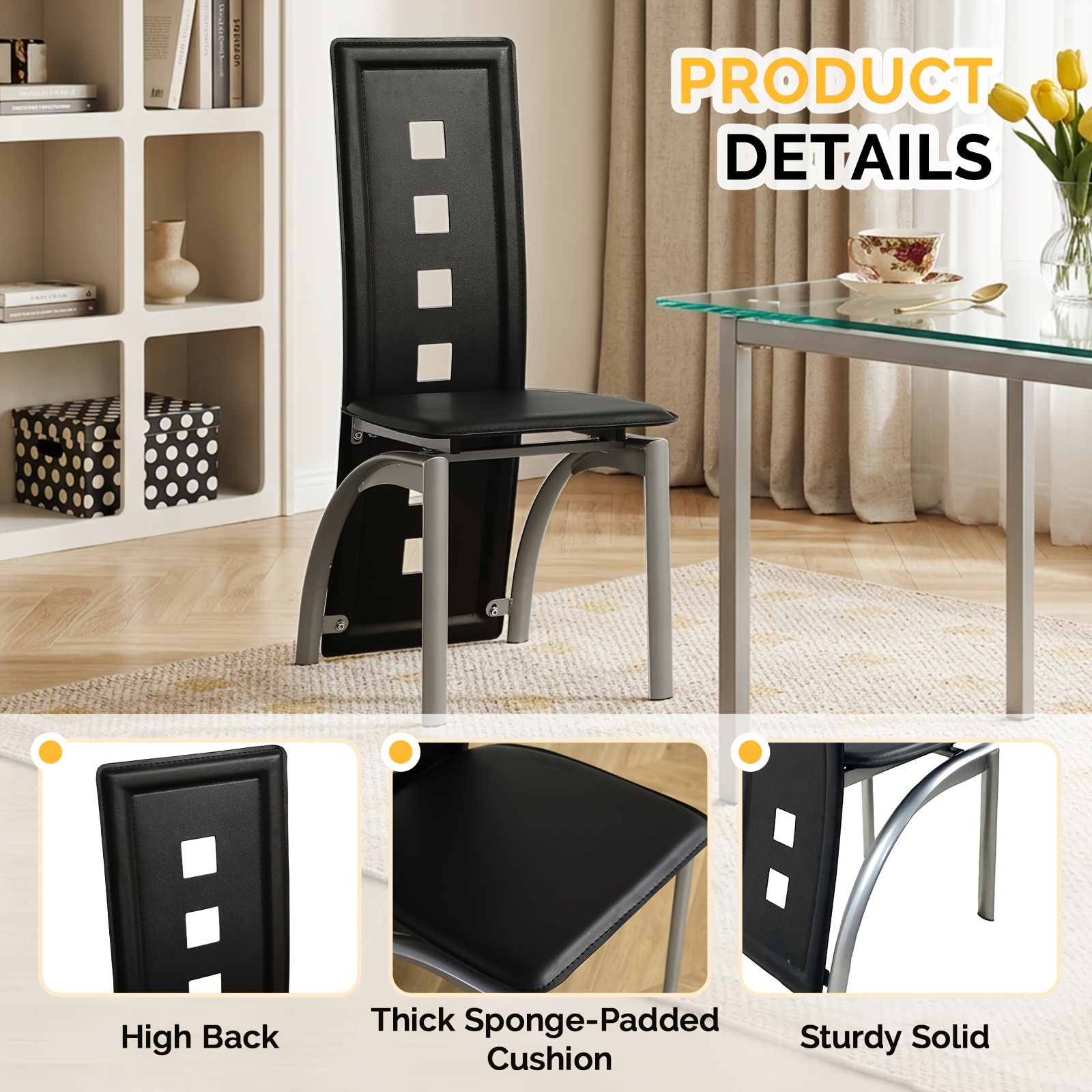 4pcs Hollow Decoration PU Leather Dining Chair Black
