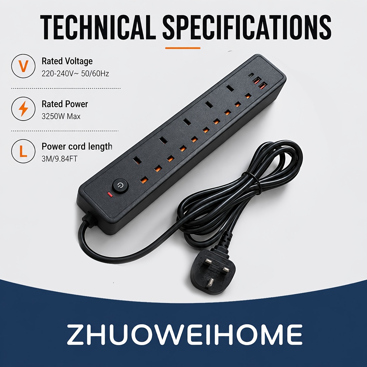 TEMU Uk Extension Lead /9.84ft, Outlets Power Strip With 2 Usb-a And 1 Type-c Ports, 3250w Protected Wall Mountable Power Strip With Switch For Home