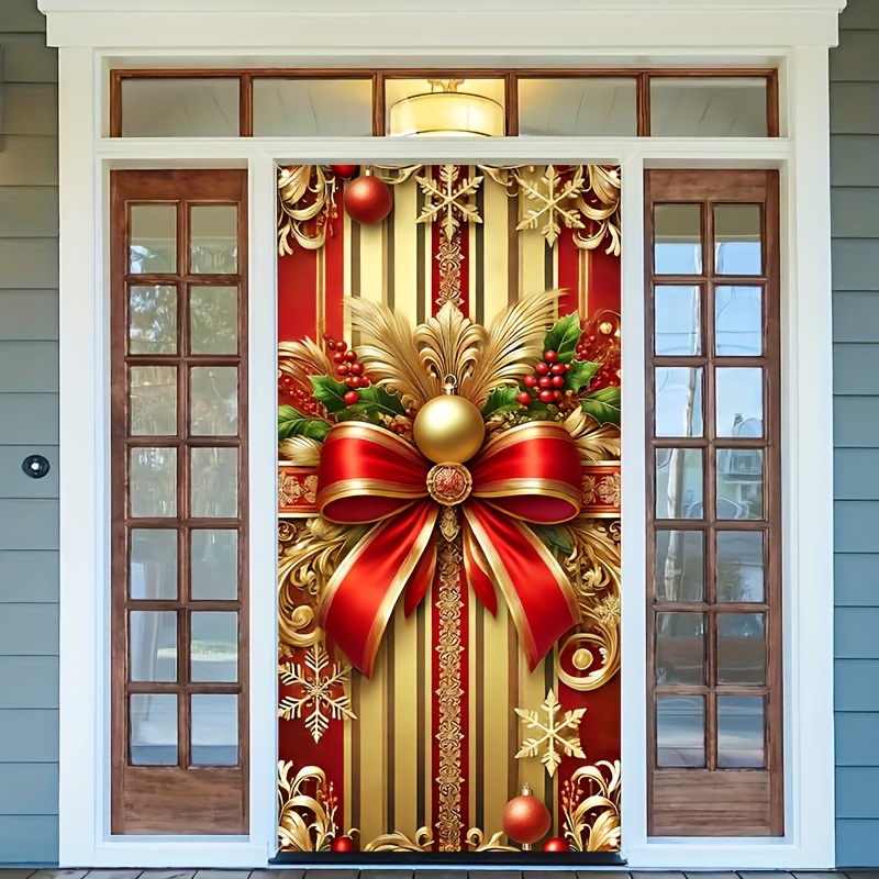 

2d Door Banner 1pc Christmas Door Banner Decoration, Gift Box Wrap Design, 100% Polyester, Winter Farmhouse Front Door Hanging Sign, Home Wall Decor, With Multipurpose Use, No Electricity Required For