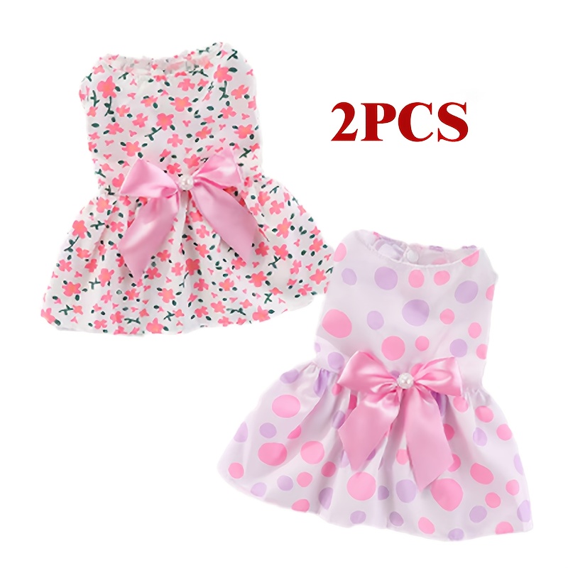 TEMU 2pcs Spring/ Dresses For Small To Medium Breeds - Cute Solid Color Pet Clothes With Bowknot, Machine Washable Polyester, Lightweight And Breathable For Casual Attire