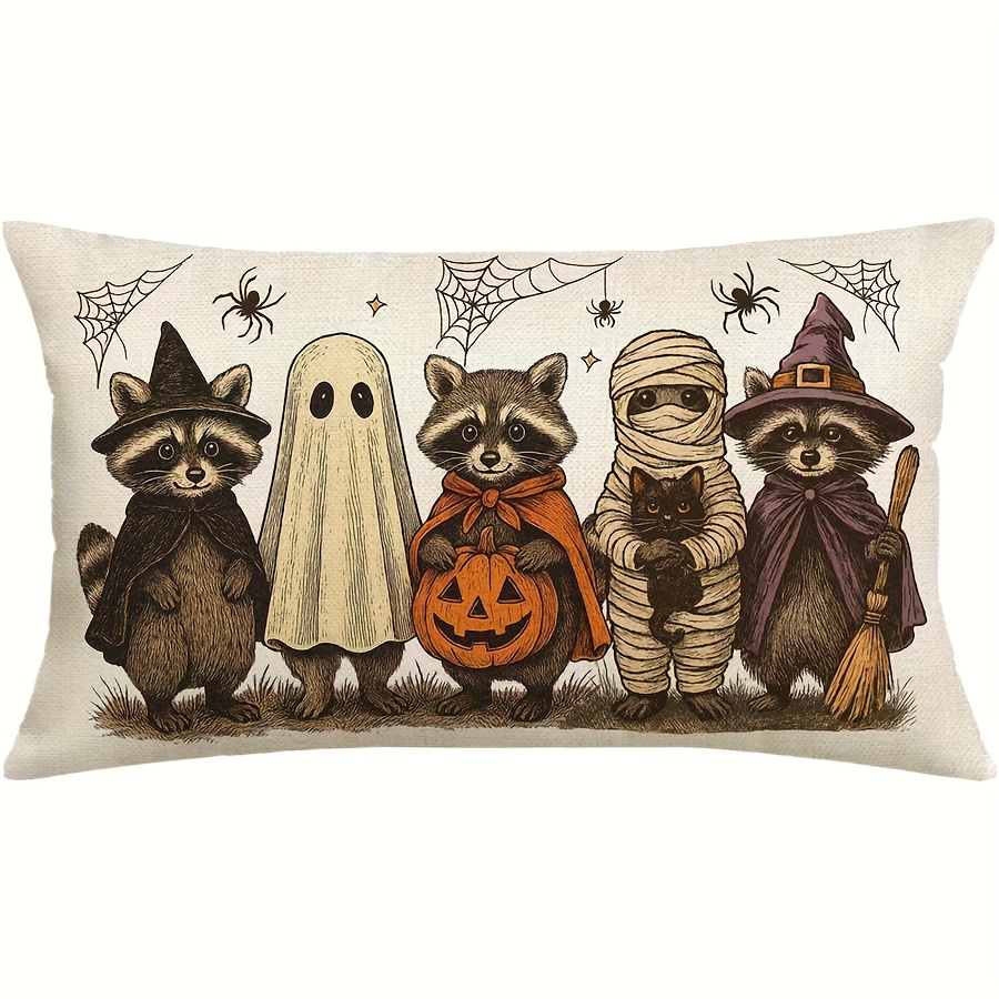 TEMU 1pc Dokriy, Linen Halloween Pillow Cover Cute Raccoon Fall Decor Lumbar Throw Pillow Autumn Outdoor Seasonal Farmhouse Decoration Pillowcase