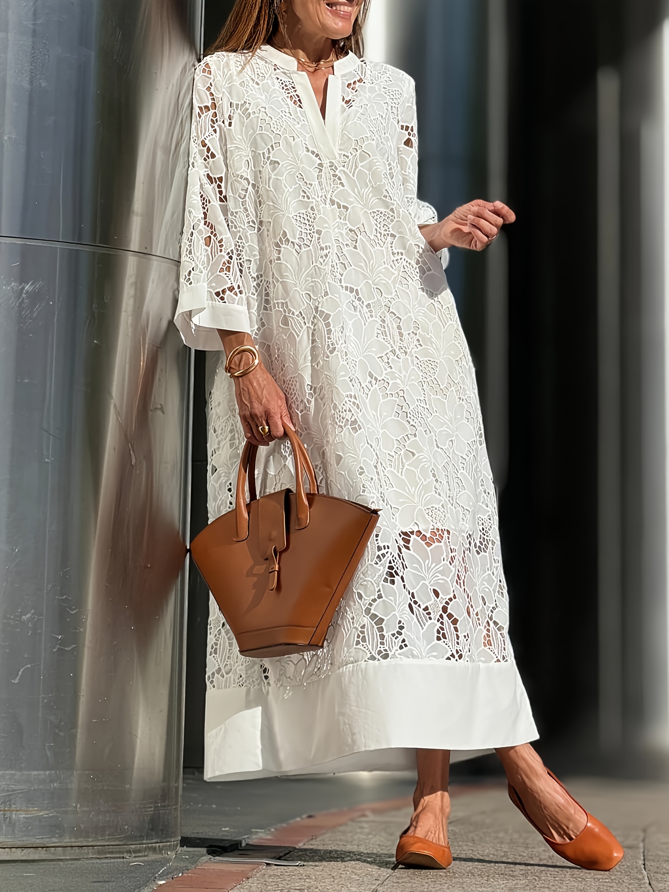 lace dress set elegant solid color v neck length sleeve - Temu Oman