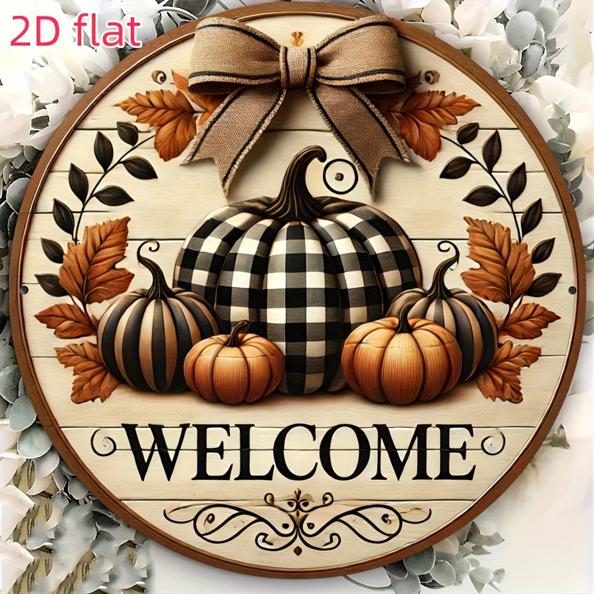 2d Flat, 1pc 8x8 Inch Round Welcome For - Pumpkin And Wreath Design, Farmhouse Style Wall Decor For Garden, Porch, Indoor/ Use, Rustic Fall Decoration, Fall Decorations For Home, Porch Decor