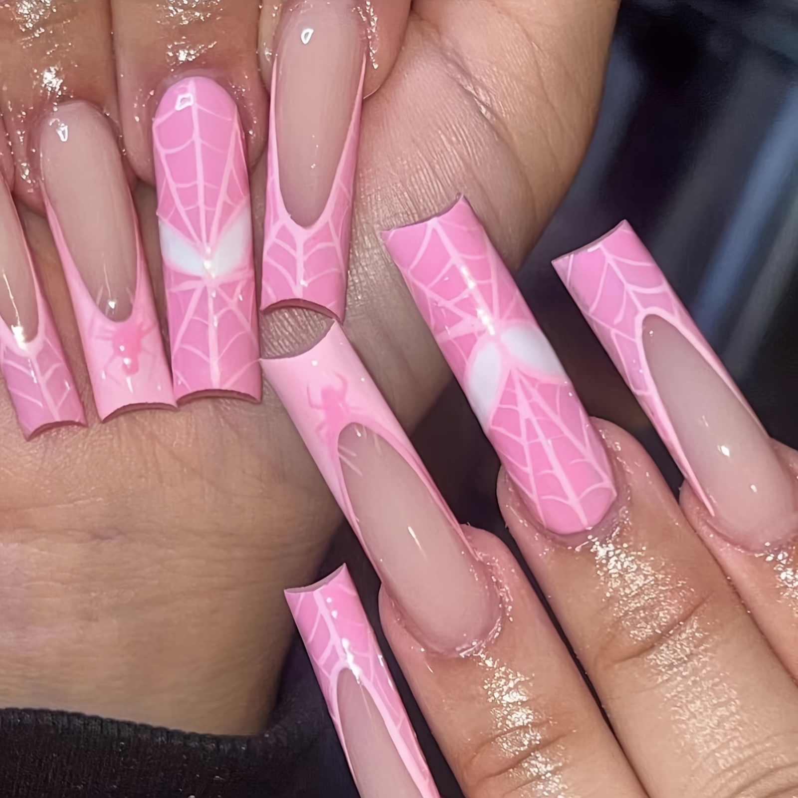 

Spiderweb Design Artificial Nail Tips, Pink Glossy Press-on Nails With Spider Accents, Full Cover Fake Nails For Diy Manicure, Fashion Nail Art, 10 Sizes, Salon Look