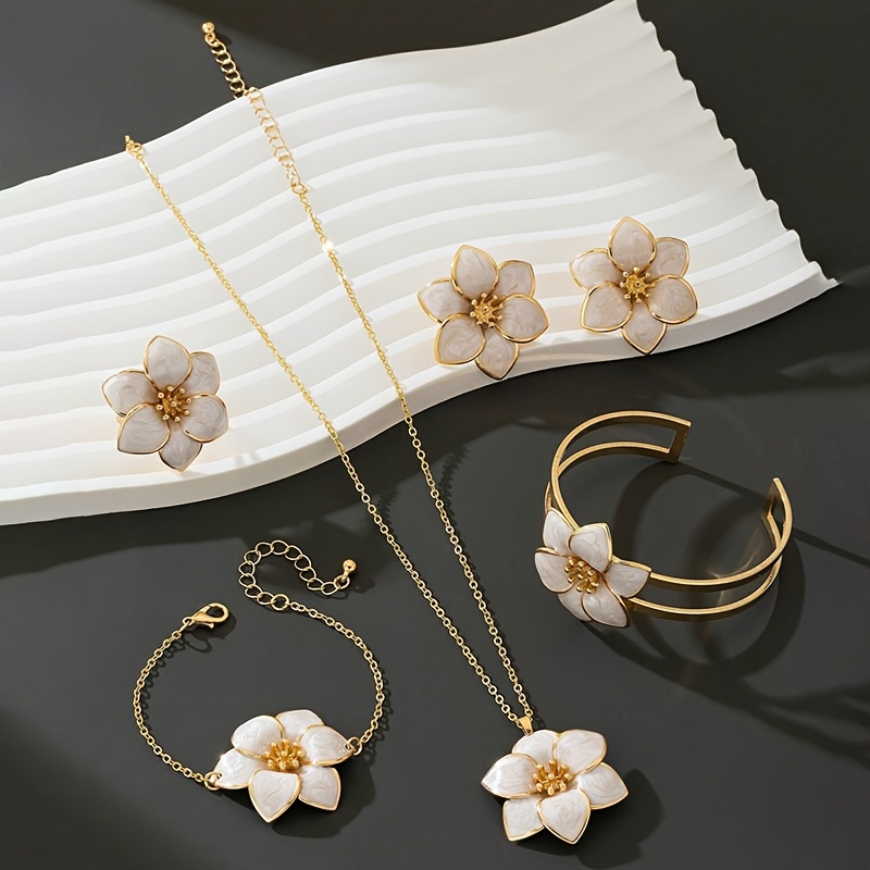 Image of 6pcs Women's Jewelry Set 1pc Romantic Flower Pendant Necklace 1 Pair Stud Earrings 1pc Ring 1pc Bracelet 1pc Bangle