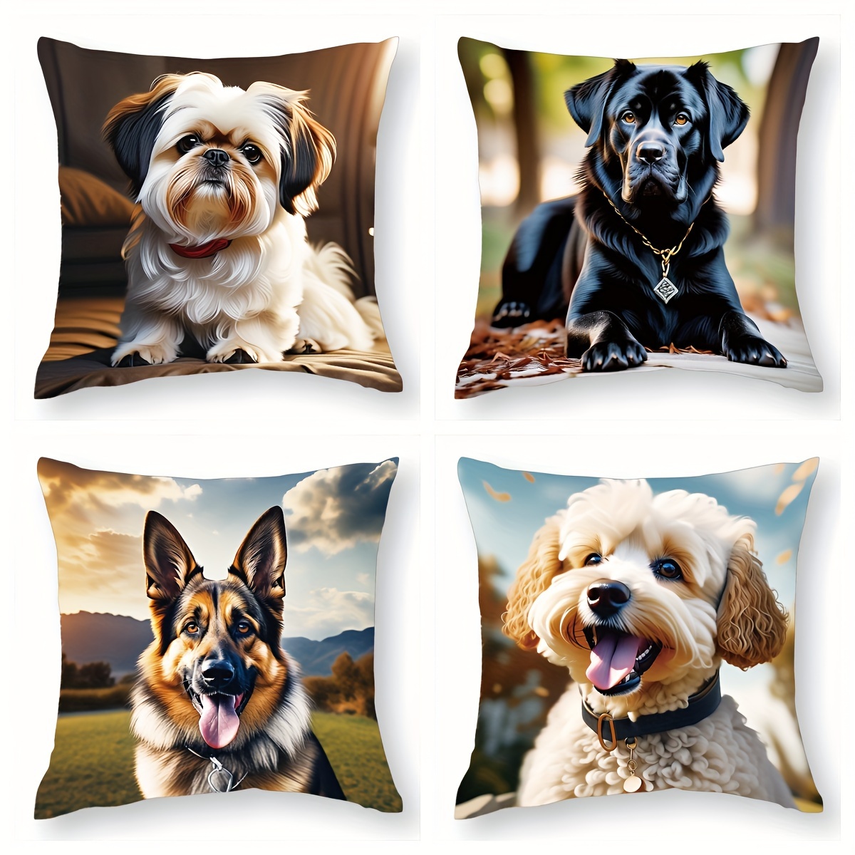 

4-piece Set Dog Lover's Short Plush Pillowcases - Realistic Pet Design, Single-sided Print, 17.7" Square - Perfect For Sofa & Bedroom Decor