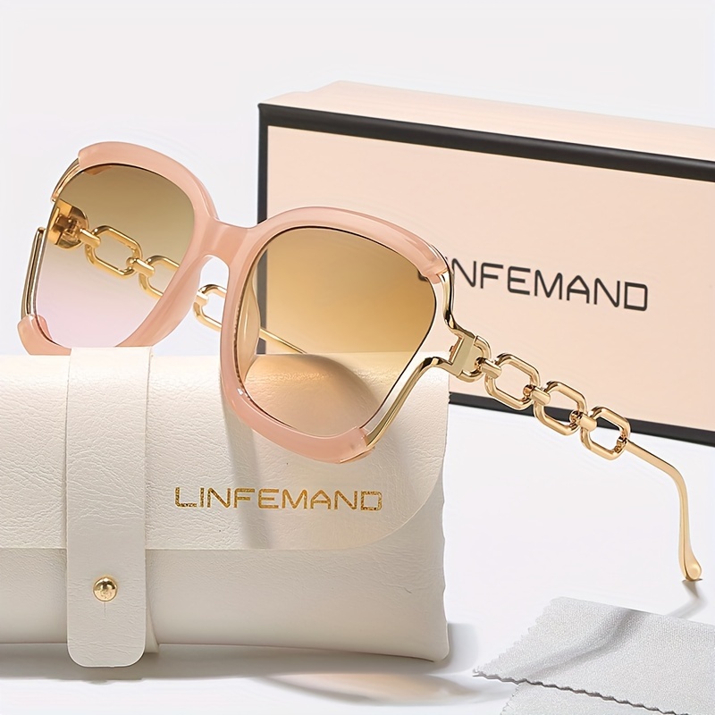 

Linfemand Chic Semi-rimless Metal Chain Glasses For Women - Gradient Pink To Golden, Pc Lenses, Ideal For Driving & Beach Travel, Fashionable Summer Accessory