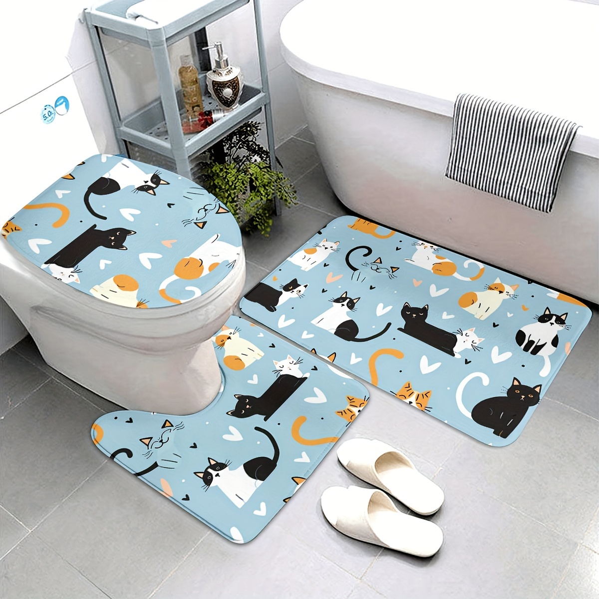TEMU 【可愛い猫のデコレーション】 バスルームラグセット。バスマット、輪郭マット、トイレ蓋カバー付き。キッチン、バスルーム、寝室の滑り止め洗濯可能フロアに最適。