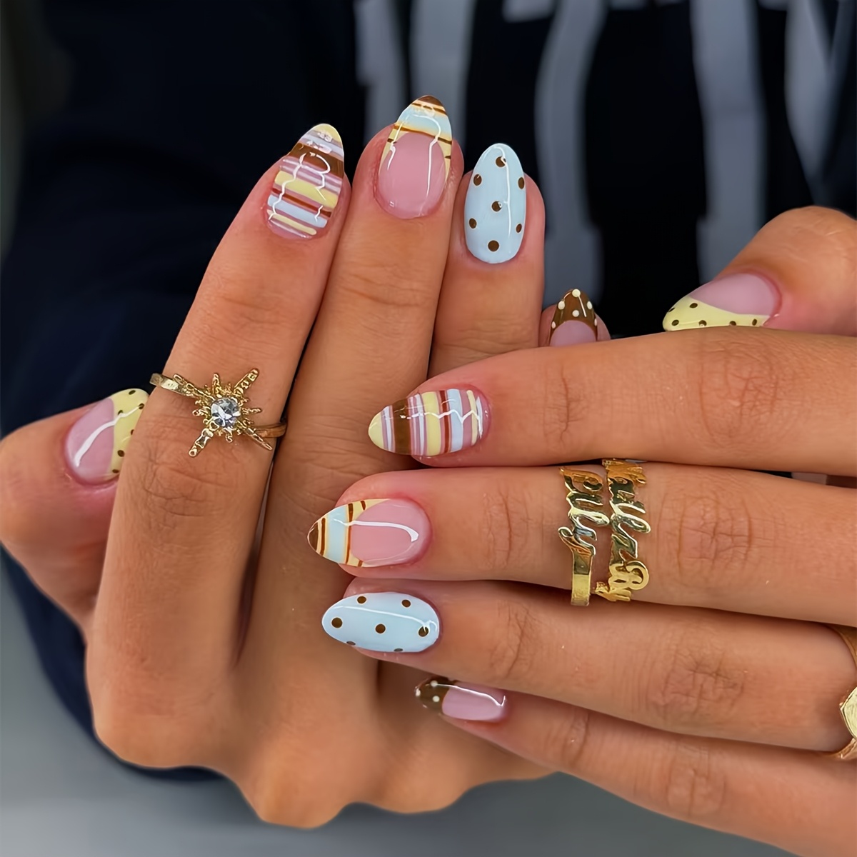 TEMU 24pcs Hanchao Y2k French Press-on Nails Short Oval Acrylic Suitable For Women' & Party, Multicolor Polka Dot & Striped Fake Nails With Design,