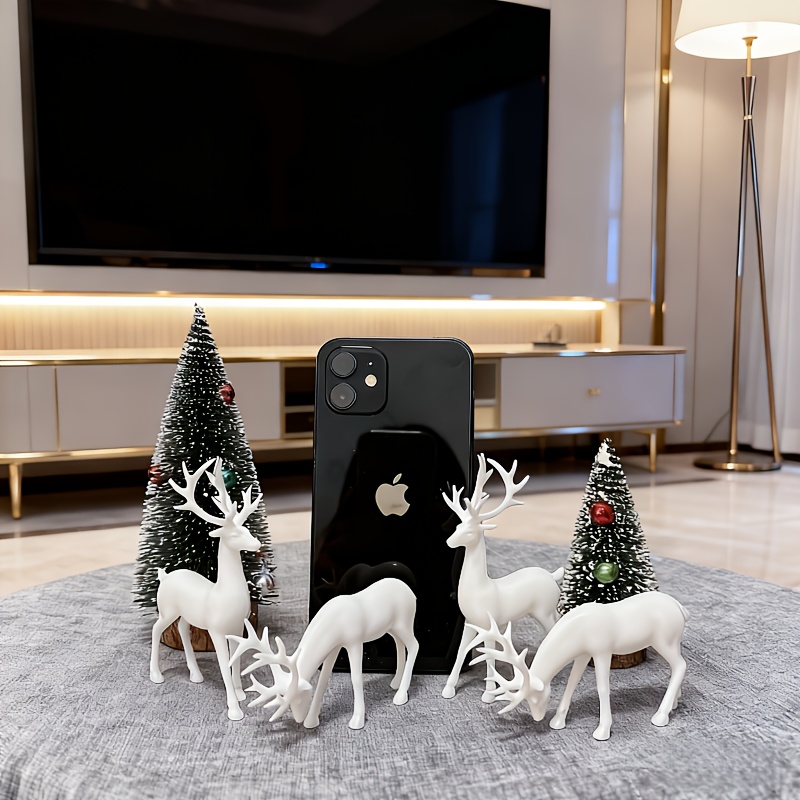 Image of 6pcs (4 Reindeer + 2 Christmas Trees) Reindeer Ornament Set, Deer Figurines, Reindeer Family Set, Home Interior Decor, Christmas Ornaments