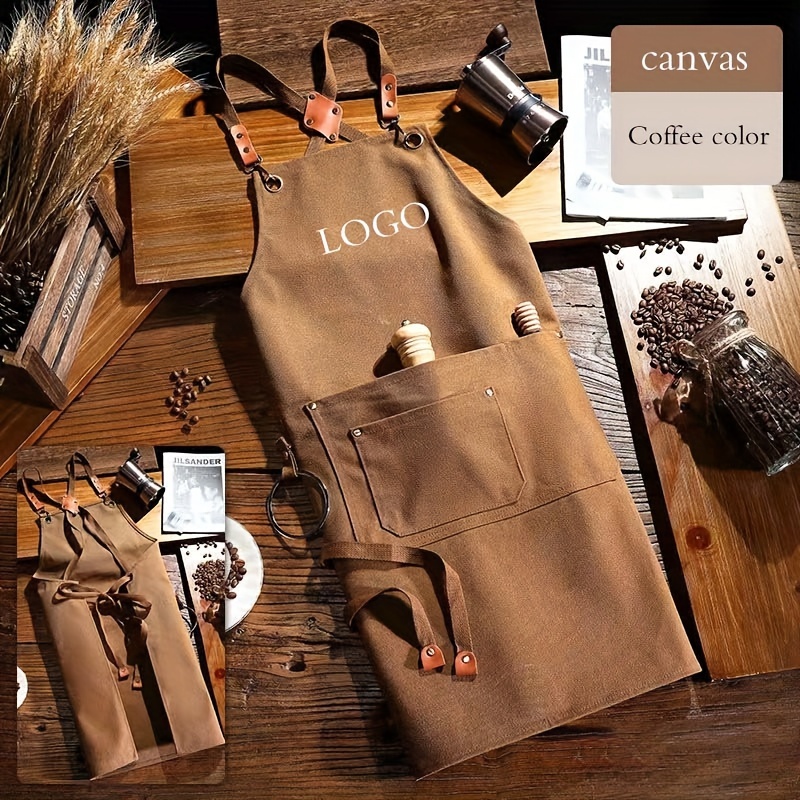 Image of Custom Logo Embroidered Canvas Apron With Large Pocket And Adjustable Faux Leather Straps - Coffee Color, Ideal For Kitchen And Restaurant Use, Coffee | Logo Embroidered Apron | Unlined Apron