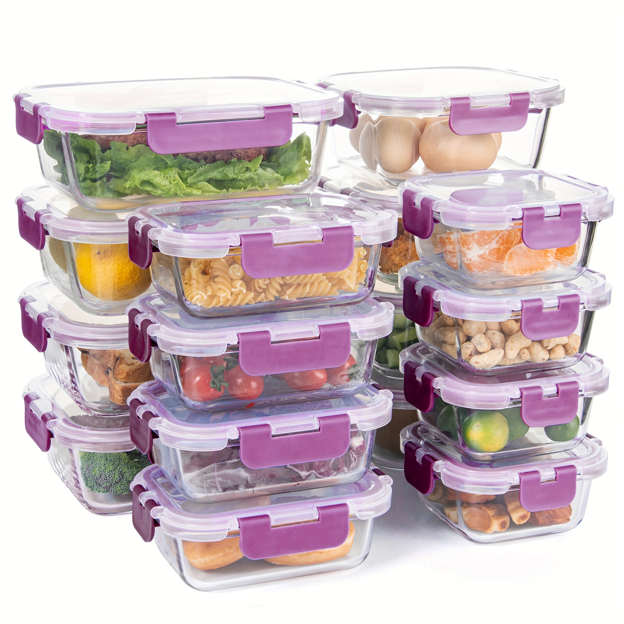 

32pcs Glass Food Storage Set - 16 Leakproof Airtight Containers With Purple Clip-on , Dishwasher & Microwave Safe, Meal Prep, Lunch Boxes &