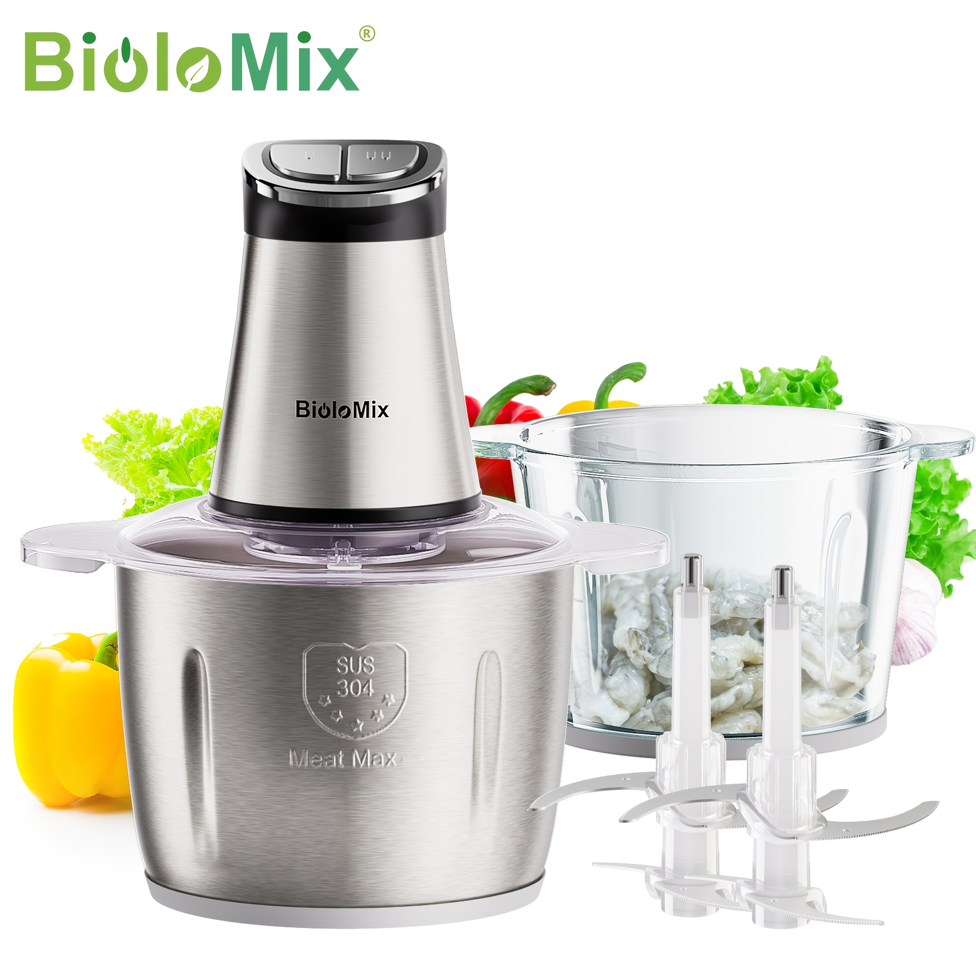 Image of Biolomix Meat Grinder/ Food Processor, Food Chopper With 3l Large Bowl, 304 Stainless Steel And Glass Bowls, Led Timer , 2