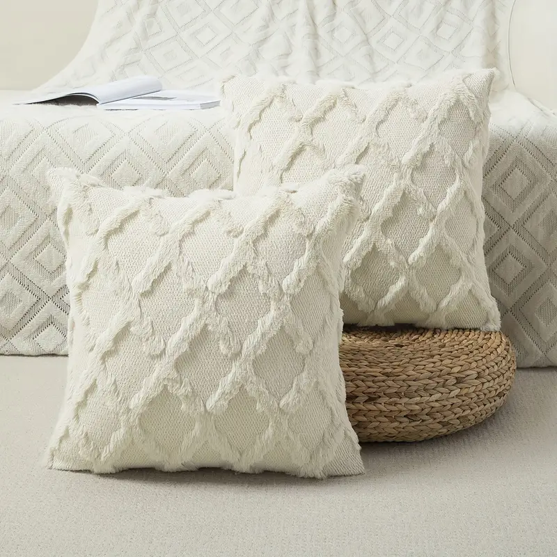 4 pack bohemian style throw pillow covers 18x18 inch shaggy plush wool 3d embroidery geometric pattern suede decorative cushion covers with zipper machine washable polyester for multiple room couch sofa living room decor Product details 3