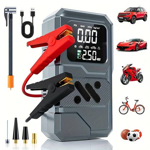 item picture inflator starter power supply wireless tire inflator portable air compressor car jump starter 150psi cordless with digital pressure gauge led light suitable for cars motorcycles bicycles balls etc