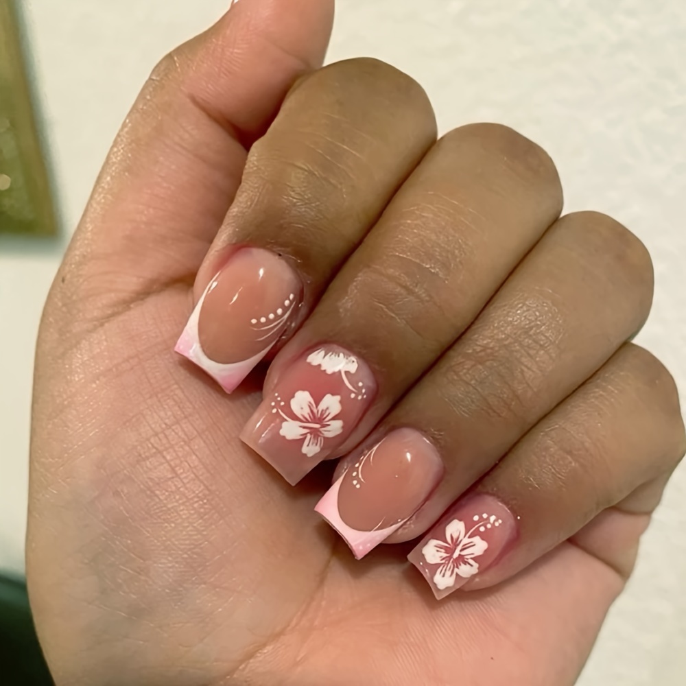 

24pcs Elegant Pink Floral Press-on Nails Set - Short Square False Nails With Design, Women & Girls, Cute Nails