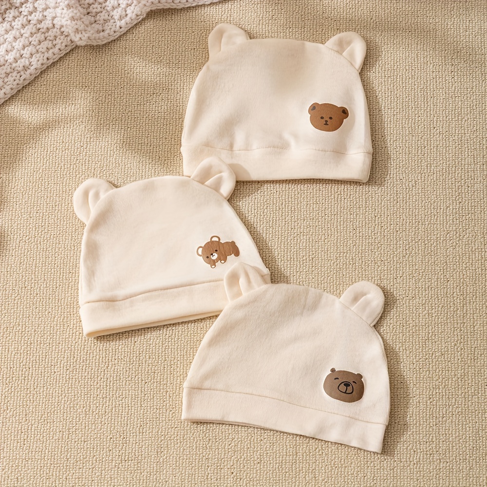 Image of 3pcs Baby Hat Set, Featuring Cute Bear Ears, Suitable For Newborns And Perfect For Daily And In For Boys And Girls.