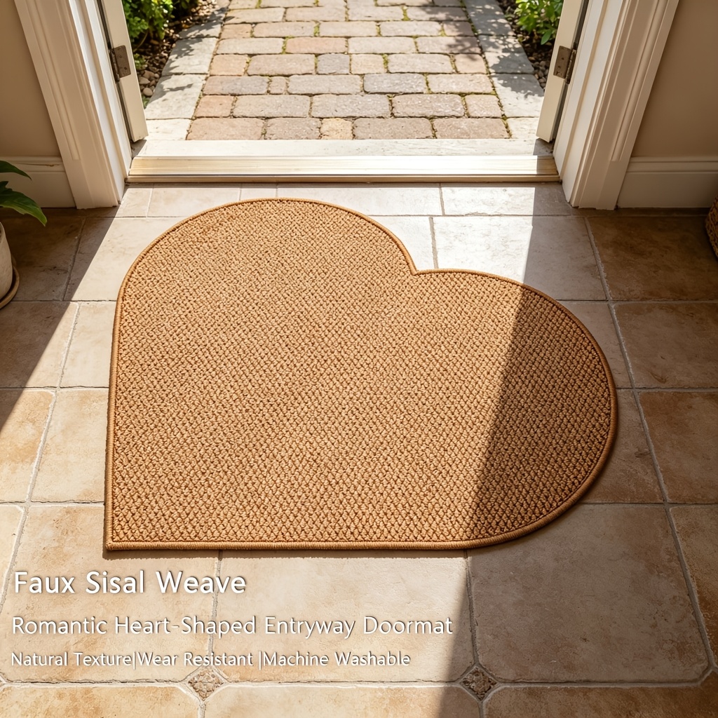 TEMU 1pc Heart-shaped Faux Sisal Entryway Doormat, Natural Weave Texture, Romantic And Boho Home Decor Rug, Non-slip, Machine Washable Durable Floor