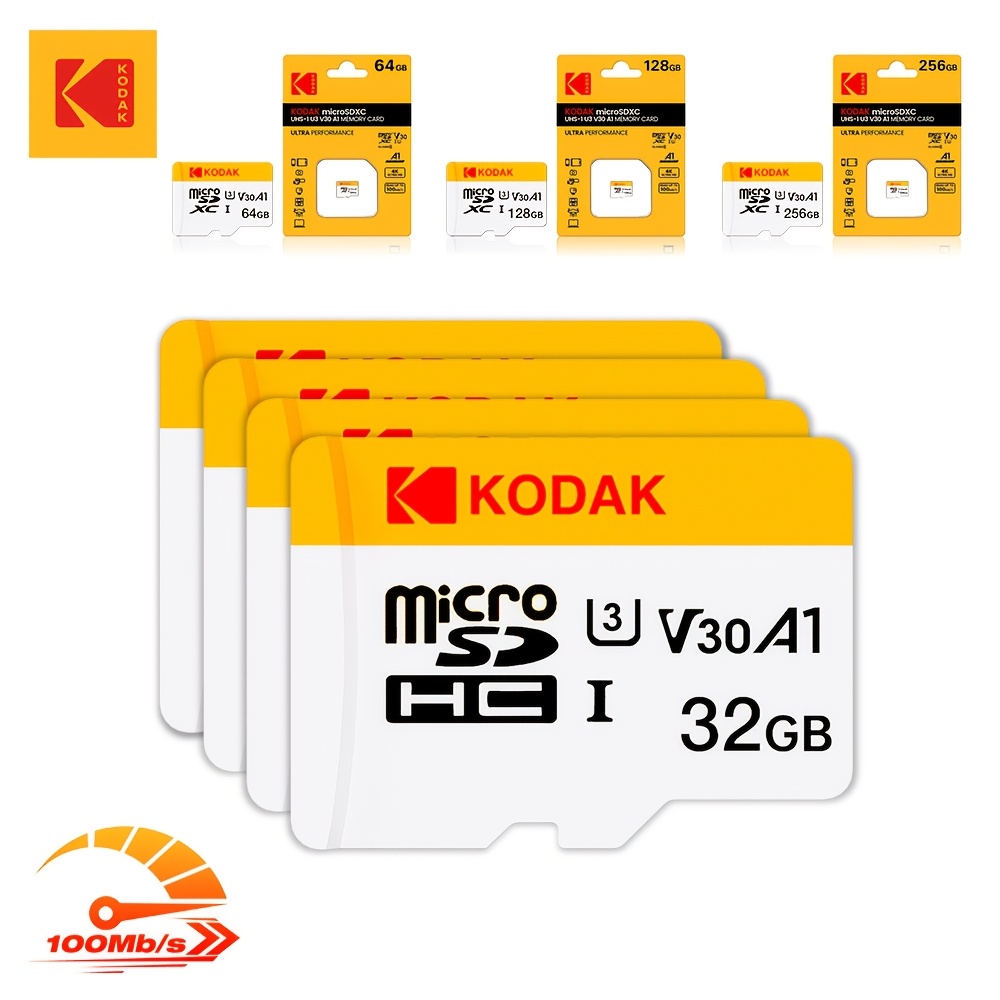 

Carte micro SD Kodak 32 Go/64 Go/128 Go/256 Go, classe 10 U3 A1, carte flash 4K HD, stockage de données haute vitesse pour appareils photo et