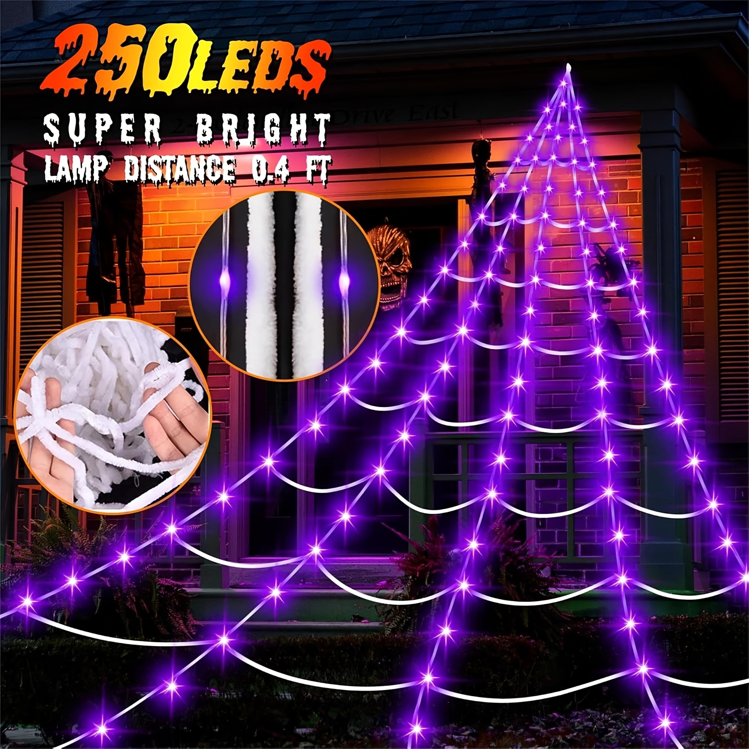 TEMU Halloween Decorations Outdoor, 250led 23x18ft Giant Web With Purple Lights, Lighted Triangular Black Web With Sturdy Wire,, Timer, 8 For Yard