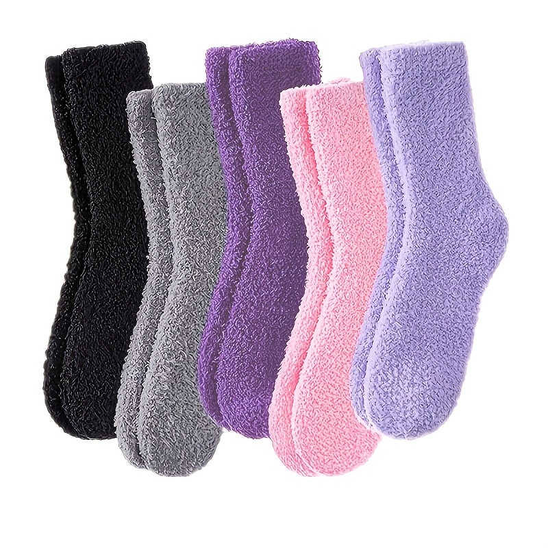 TEMU 5-pair New Autumn/winter Women's Thickened Warm Coral Floor Socks, Soft And Comfortable Autumn/winter Socks, Candy Color Coral Mid-calf Socks,