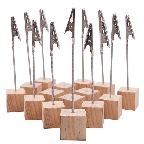 12-delige set natuurlijke houtkleurige roestvrijstalen foto clips, inclusief een houten basis voor memo clips en een frame basis met clips