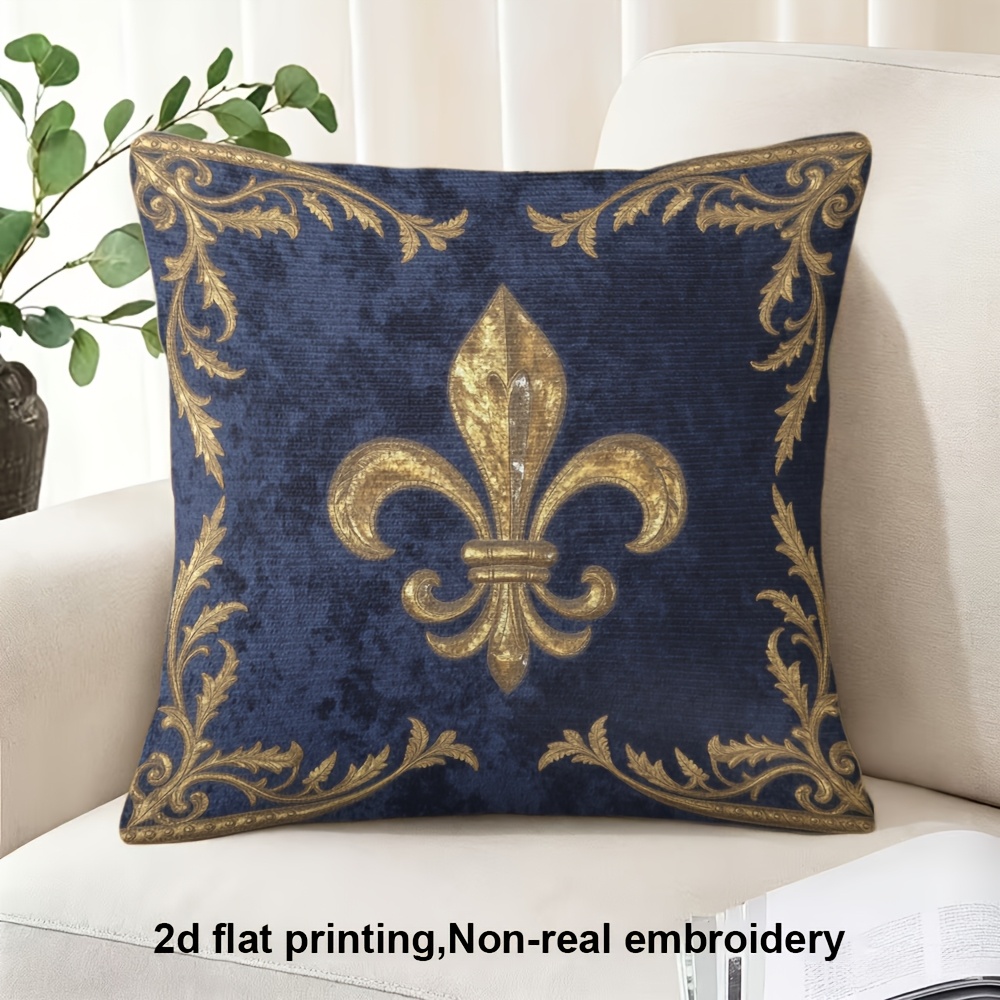 TEMU Impression plate 2D, 1 pièce, doré sur velours bleu foncé, Housse de coussin, Impression , Polyester, Convient pour la décoration intérieure les
