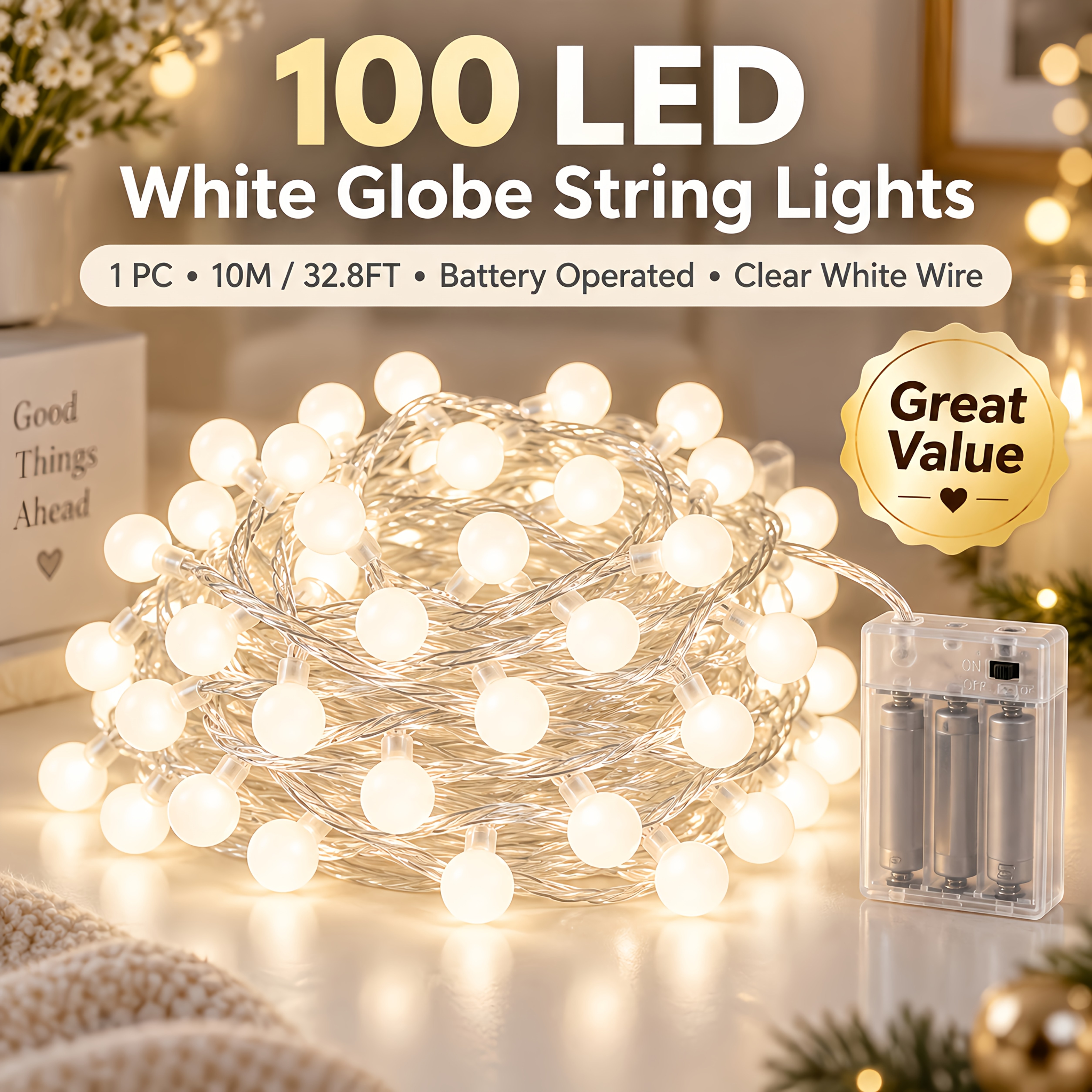 TEMU 100led String Lights, 10m/32.8ft Battery Operated Indoor Fairy Lights, Smart String Lights, With Wire For Christmas Tree Bedroom Window Curtain