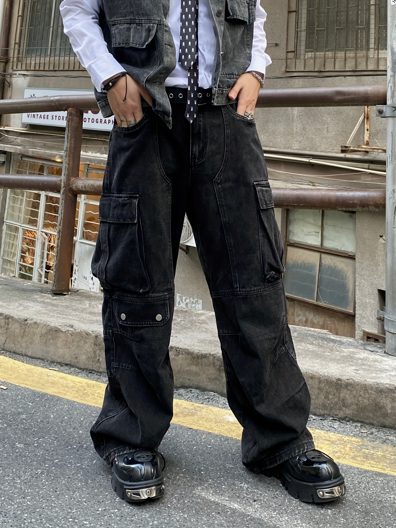 mens trendy loose fit black denim jeans Temu United Arab Emirates