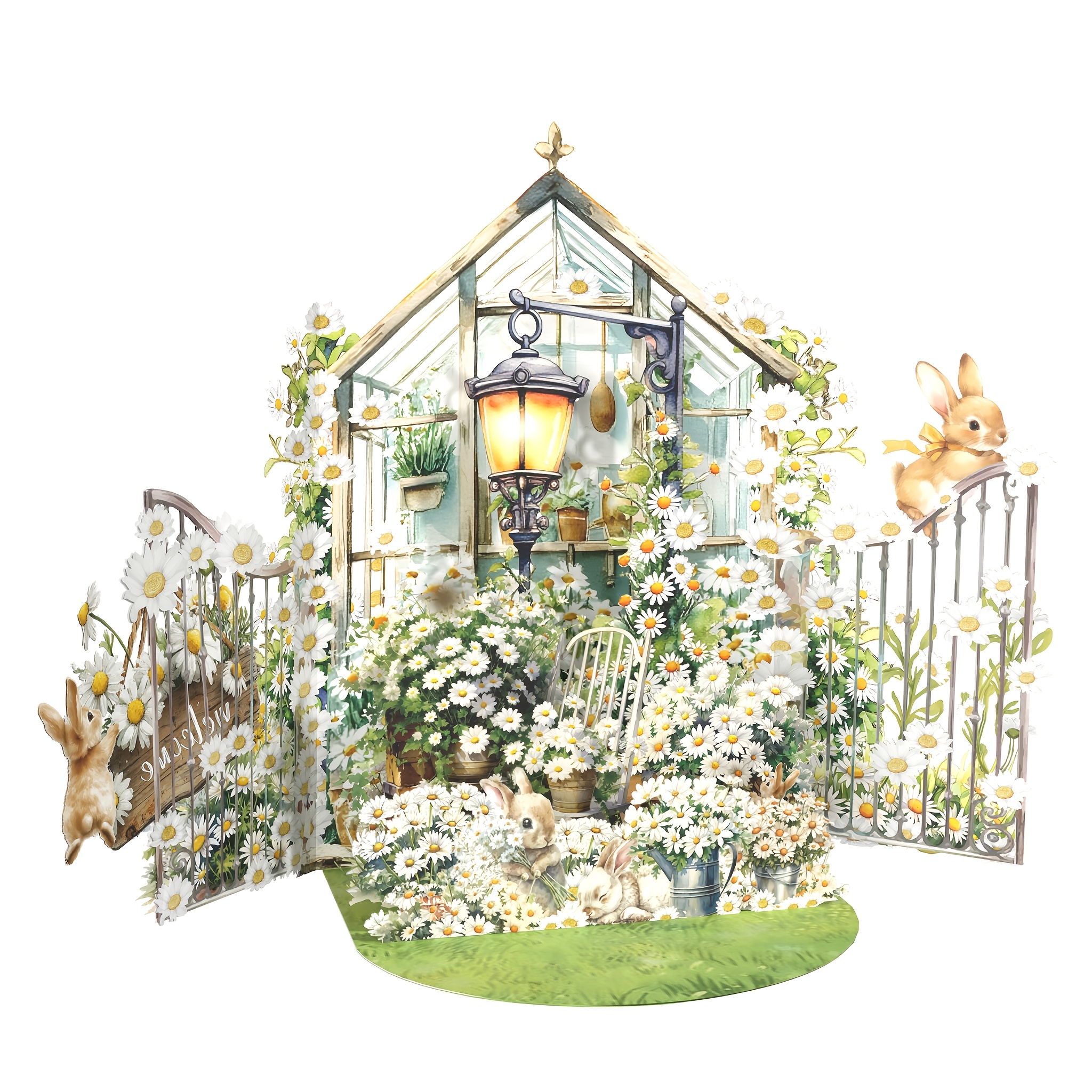 Image of 3d Pop-up Bunny & Daisy Garden Greeting Card With Envelope, Cute Spring , Handcrafted 3d Pop Up Card For Easter, Mother's Day, Birthday, Anniversary, Wedding, Thank You, Gift For Mom, Family &