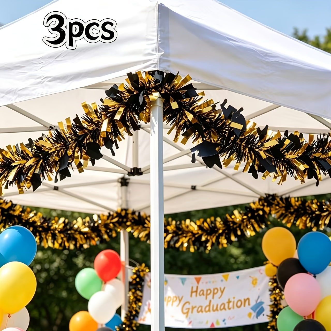 Graduation Tinsel Garland, 2m Black Golden Grad Cap Fringe Streamer, Congratulations Graduates Party Decor For Classroom Outdoor Ceremony Layout